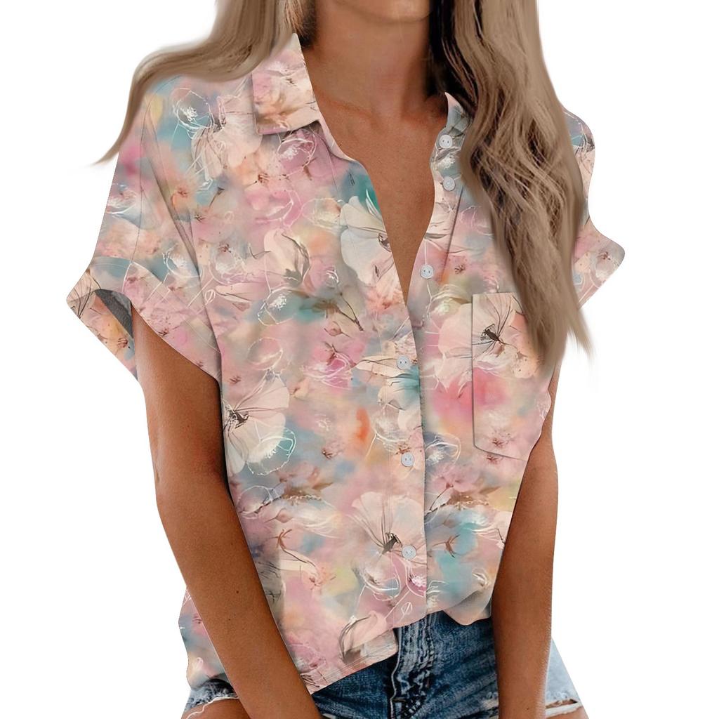 Dámská košile s krátkým rukávem, denní módní top s potištěným knoflíkem, kardigan s kapsou na hrudi