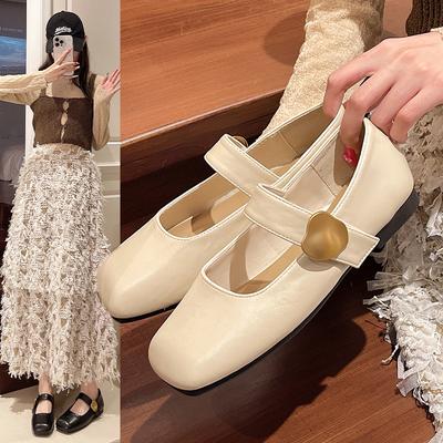 2025 Spring Soft Leather Metal Buckle Small Square Head Retro Flat Heel Single Shoes One-word Buckle Mary Jane Shoes Women's Shoes Flat Shoes