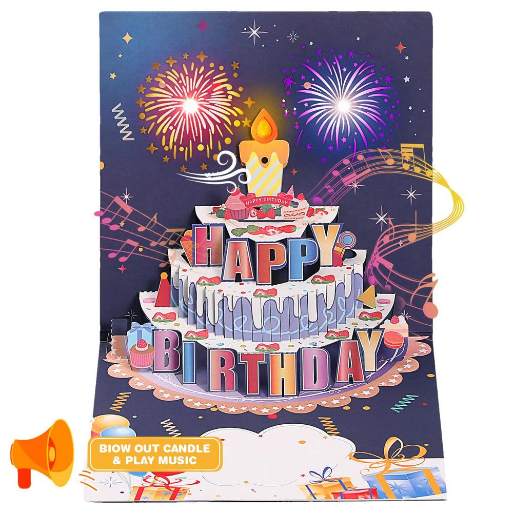 

Unique 3D Pop Up Happy Birthday Card Auto Musical Greeting Card With Blowable LED Light Candle Birthday Cake Card Gifts темно-синього кольору