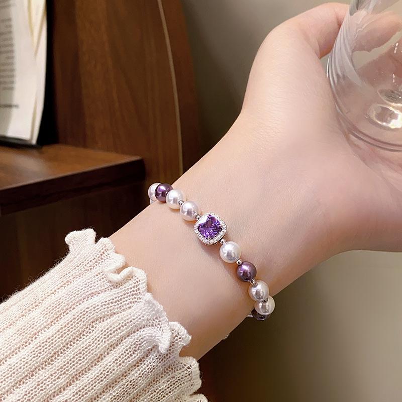 Elegant Manta Rose Purple Pearl Bracelet with Purple Cubic Zirconia - Luxury French Pull-String Design.