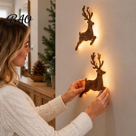 Damage Free Wall Decor Christmas Reindeer Light, Wooden LED Silhouette with Warm Backlight, Seasonal Entryway Accent Battery Operated Lighted Festive