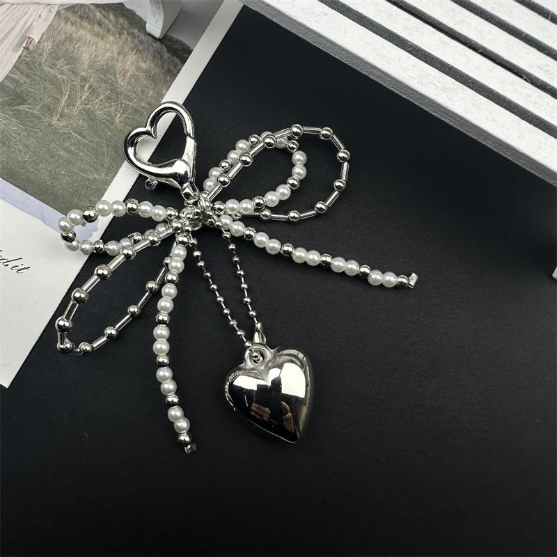 Double-layer Sweet Lovely Beaded Bowknot Heart Keychain Pendant Hanging Decor Keyring Lanyard Phone Charm Bag Pendant Supplies