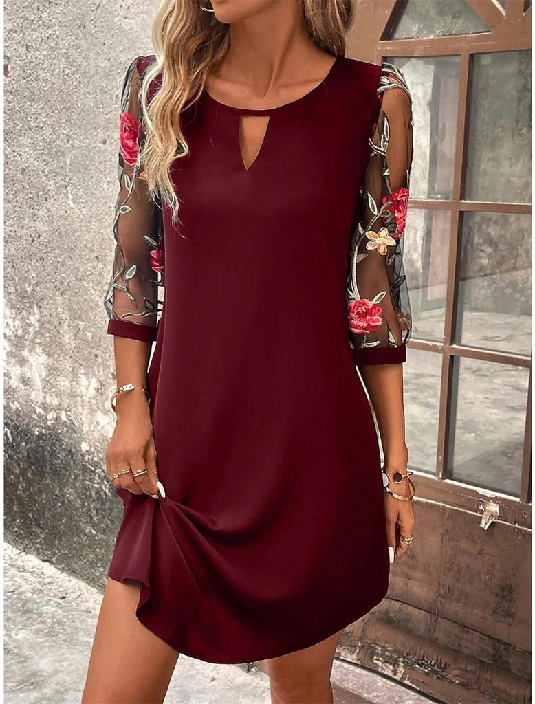 Vestido Camiseta de Malla Floral con Manga y Escote de Ojal para Mujer Vestido Túnica Casual de Manga Corta Vestido de Verano de Color Sólido