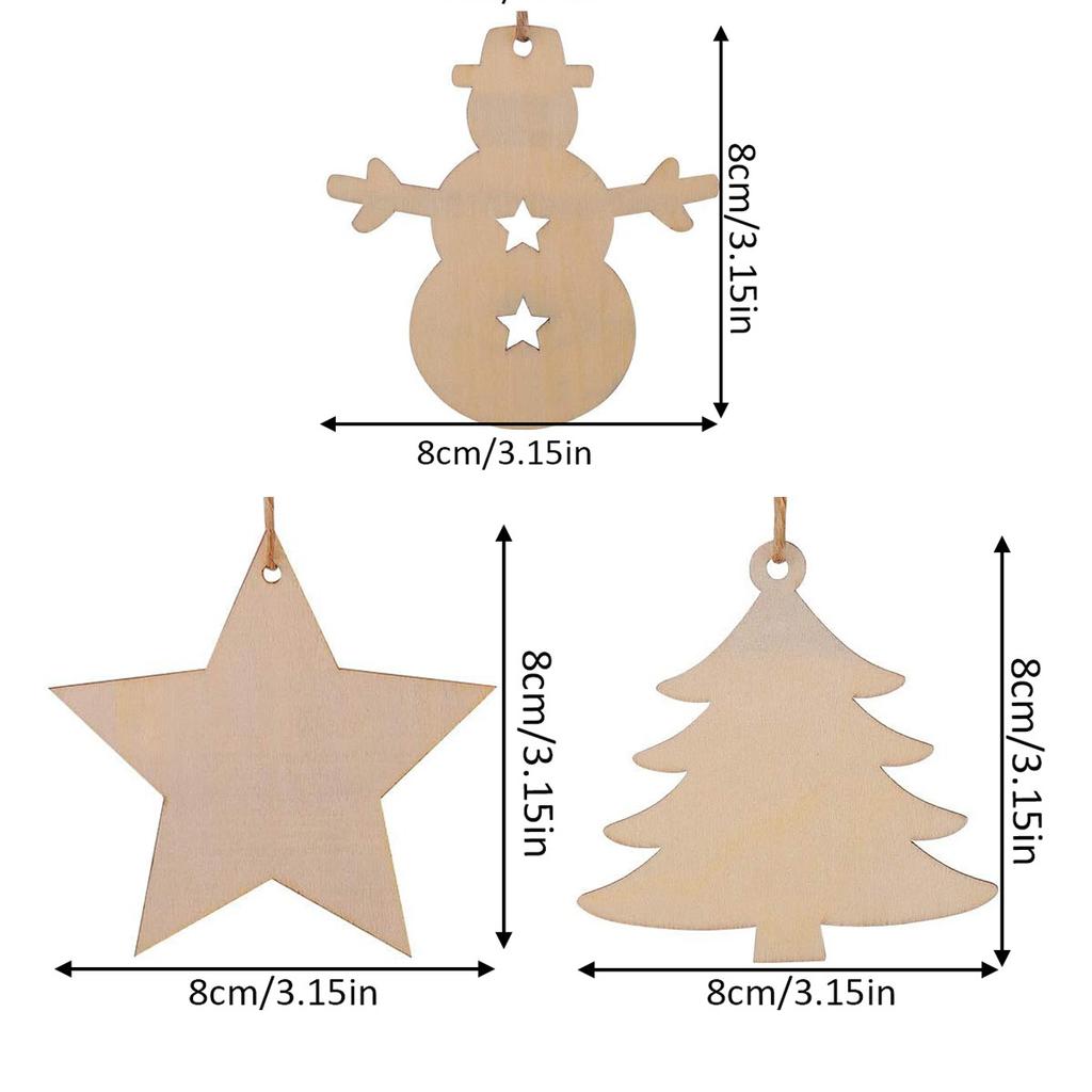40pcs DIY Wooden Christmas Ornaments Blank Paintable Wood Chips for Christmas Tree with 10m Hemp Rope Crafts Decoration