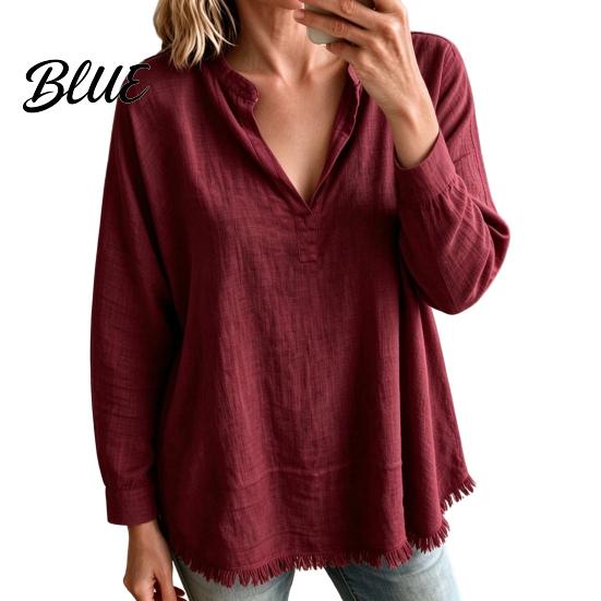 Layered Blouse Women Loose Fit V-Neck Blouse Solid Color Long Sleeve Tassel Hem Daily Wear Shirt Casual Fringe Trim Tops for Business Commuting