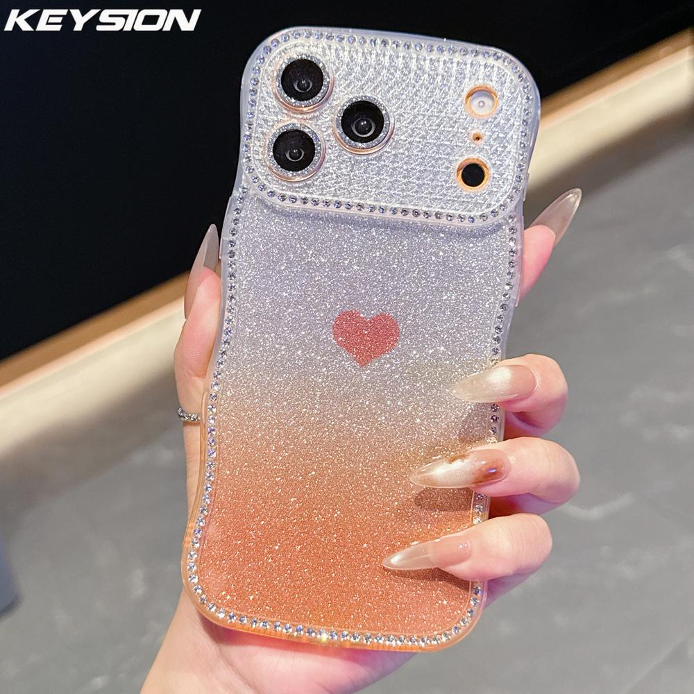 

KEYSION Gradient Love Heart Wavy Phone Case for iPhone 16 17 Pro Max Air 16 Plus Glitter Jewelled Lens Protector Shockproof Cover for iPhone 13 Pro Max помаранчевий