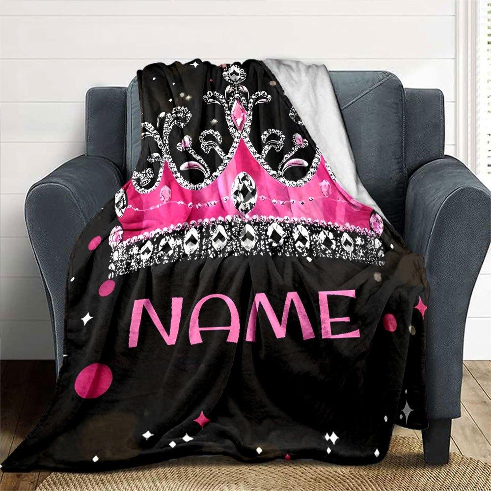 Pink Crown With Diamonds And Sparkles Theme Lightweight Personalized Blanket Personalized Name Ultrasoft Throw For Sofa Couch Office Bed Picnics For