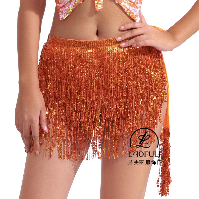 Women's Elastic Waist Sequin Fringe Mini Skirt Loose Fit Chiffon Dance Hip Scarf Belly Dance Performance Party Wrap Skirt