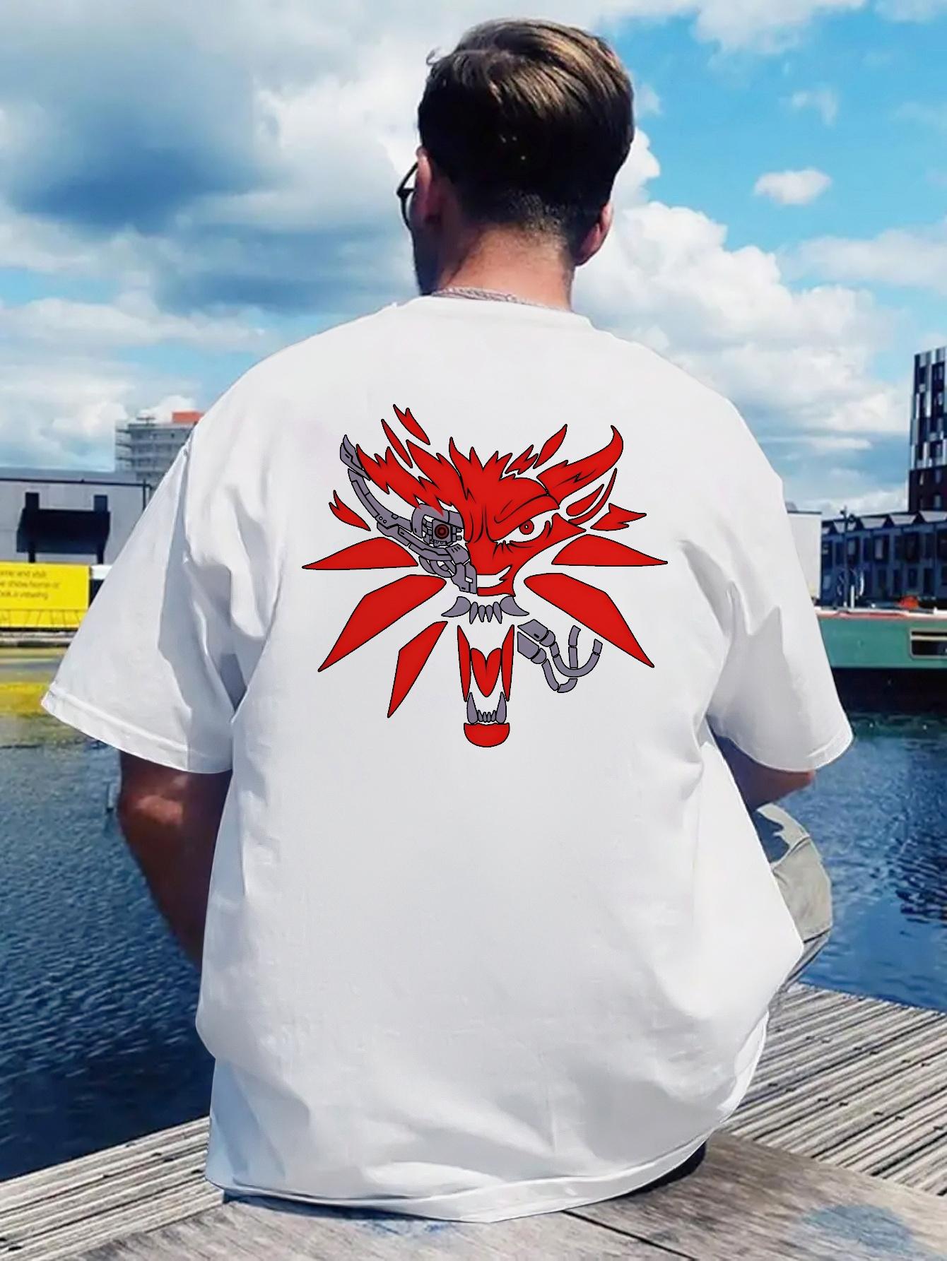 Graphic T-shirt with Bold Red Mask Design - Casual Summer Tee M