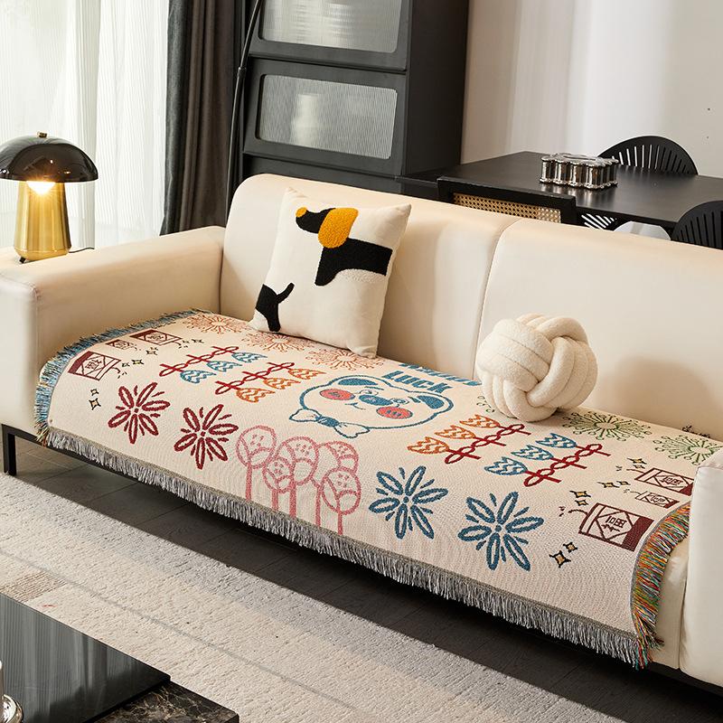 Cartoon Sofa Cushion Seat Cushion Retro Alley Colored Sofa Towel One Piece Sofa Cover Autumn And Winter Non-Slip Sofa Cover