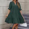 Women's Fashion Casual Slim Middle Sleeve V-Neck Ruffle Dresses