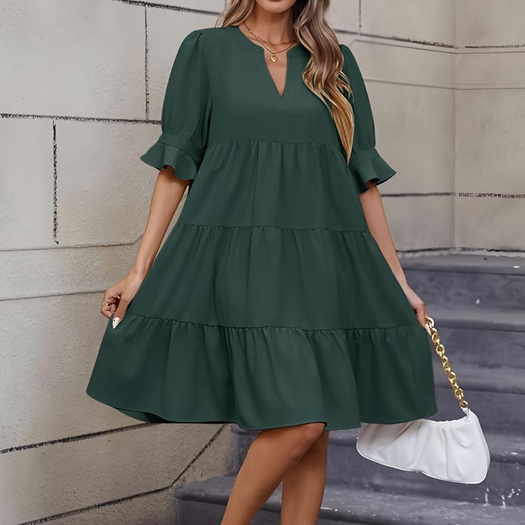 Women's Fashion Casual Slim Middle Sleeve V-Neck Ruffle Dresses