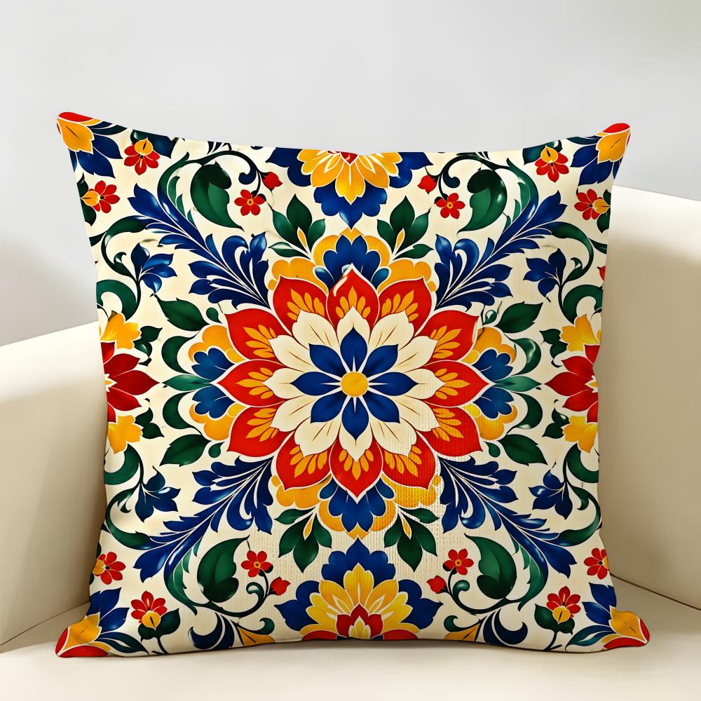 Vintage Mediterranean Floral Tile Cushion Cover Natural Linen Organic Fabric DoubleSided Printing Room Sofa Decor Pillow Case
