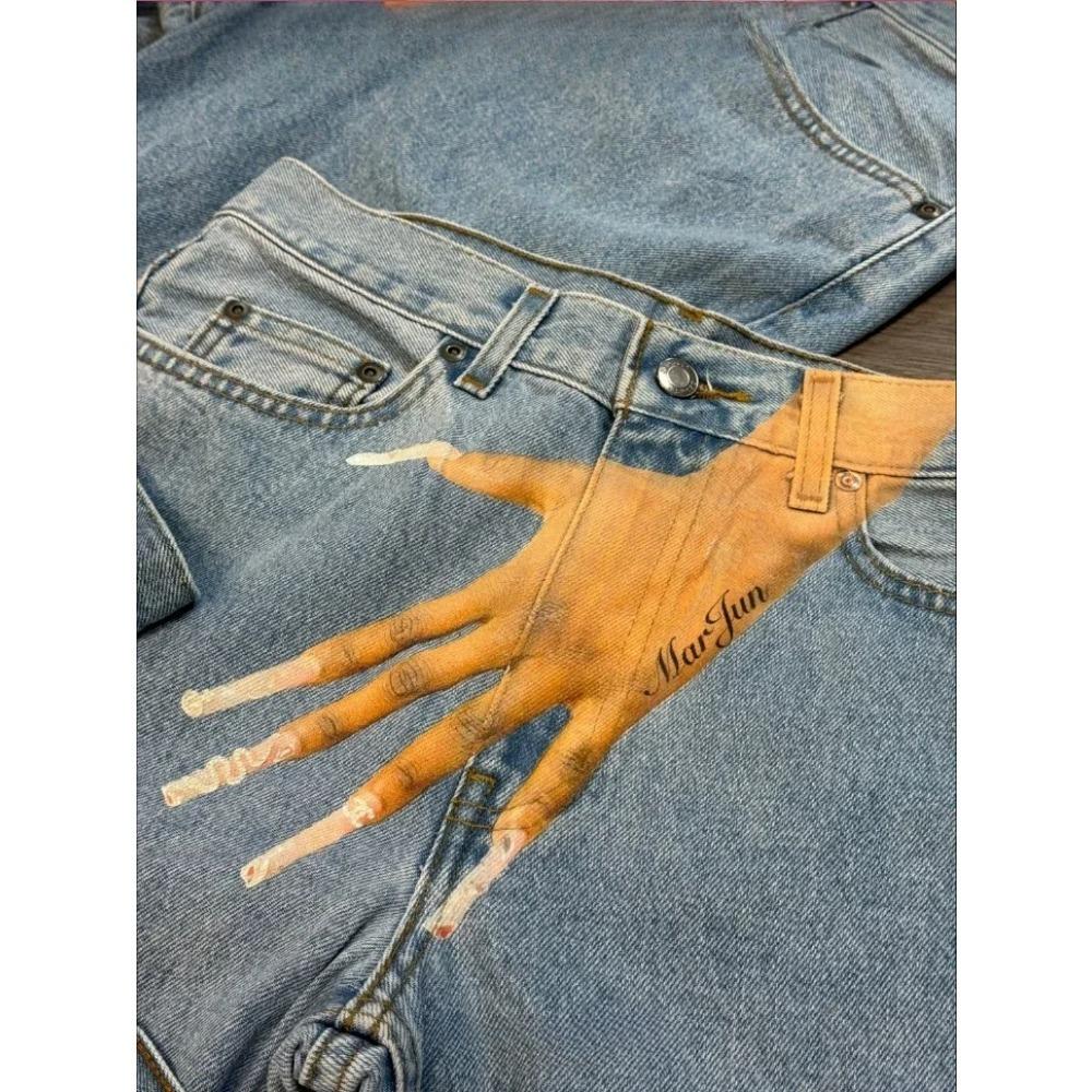 ZYLLO Streetwear Jeans Y2K Gothic Hip Hop Finger Graphic Print Retro Blue Baggy Jeans Men Women Fashion High Waisted Wide Leg Trousers