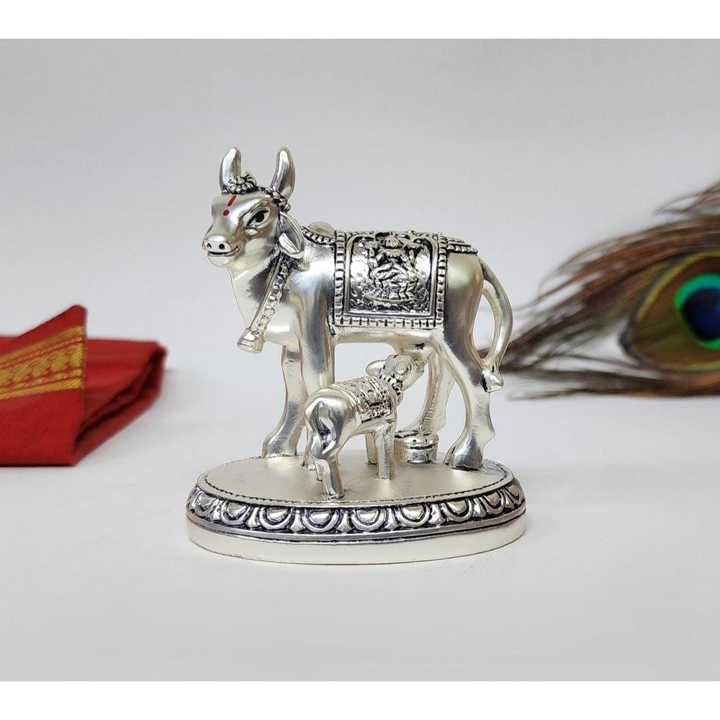Kamdhenu Cow and Calf Idol | Silver Matte Finish Decorative Murti | 7.62 Cm X 7.62 Cm | Sacred Gau MATA Statue for Home Temple & Gift