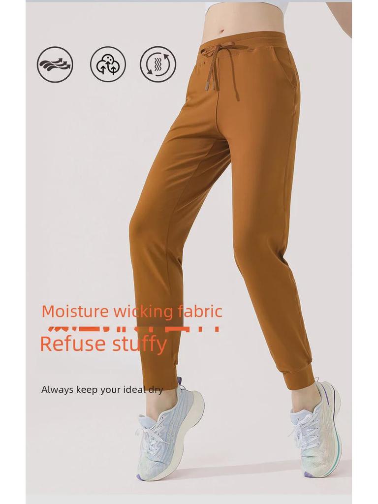 Women's Green Drawstring Quick-Dry Sports Pants: Lightweight, High-End, Straight-Leg Design for Summer.