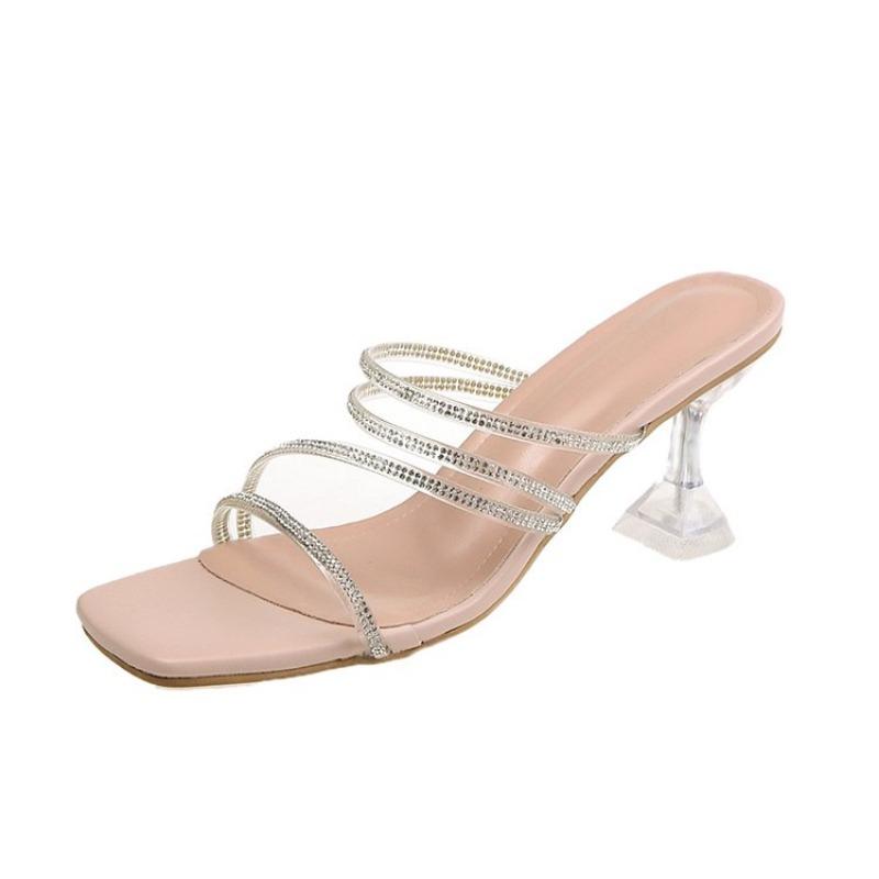 

Fashion New Summer Slippers Women s Fashion Square Head Open Toe Rhinestones with A Slip-on Non-slip Wear-resistant High Heels 41 розовый
