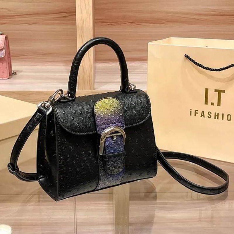 New Ostrich Pattern Women's Handbag European and American Solid Color Girl Small Square Bag