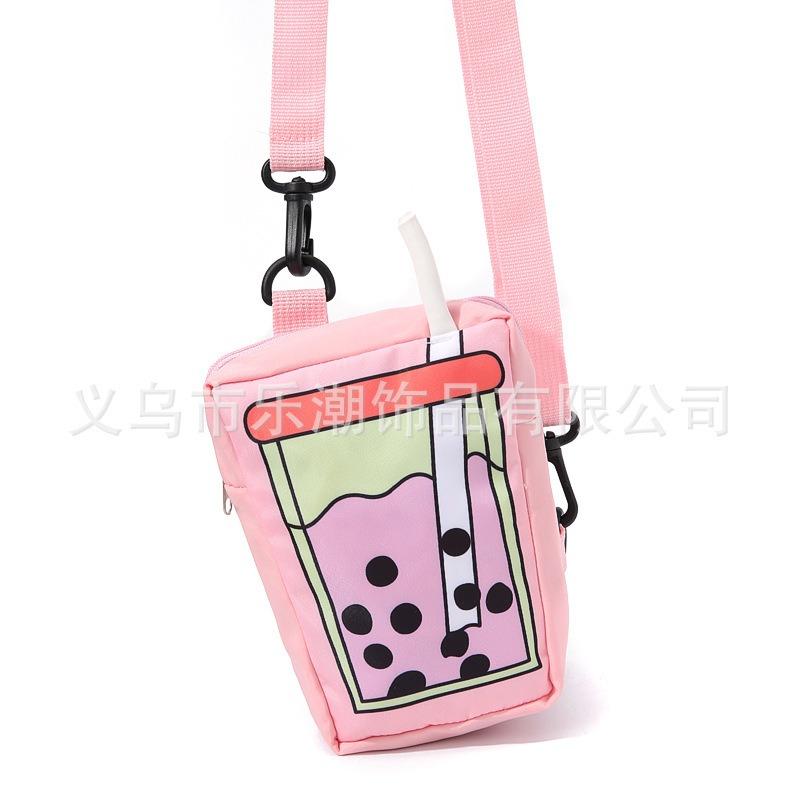 New Dopamine Style Cute Bubble Tea Pattern Creative Canvas Change Bag Crossbody Mobile Phone Bag Small Backpack