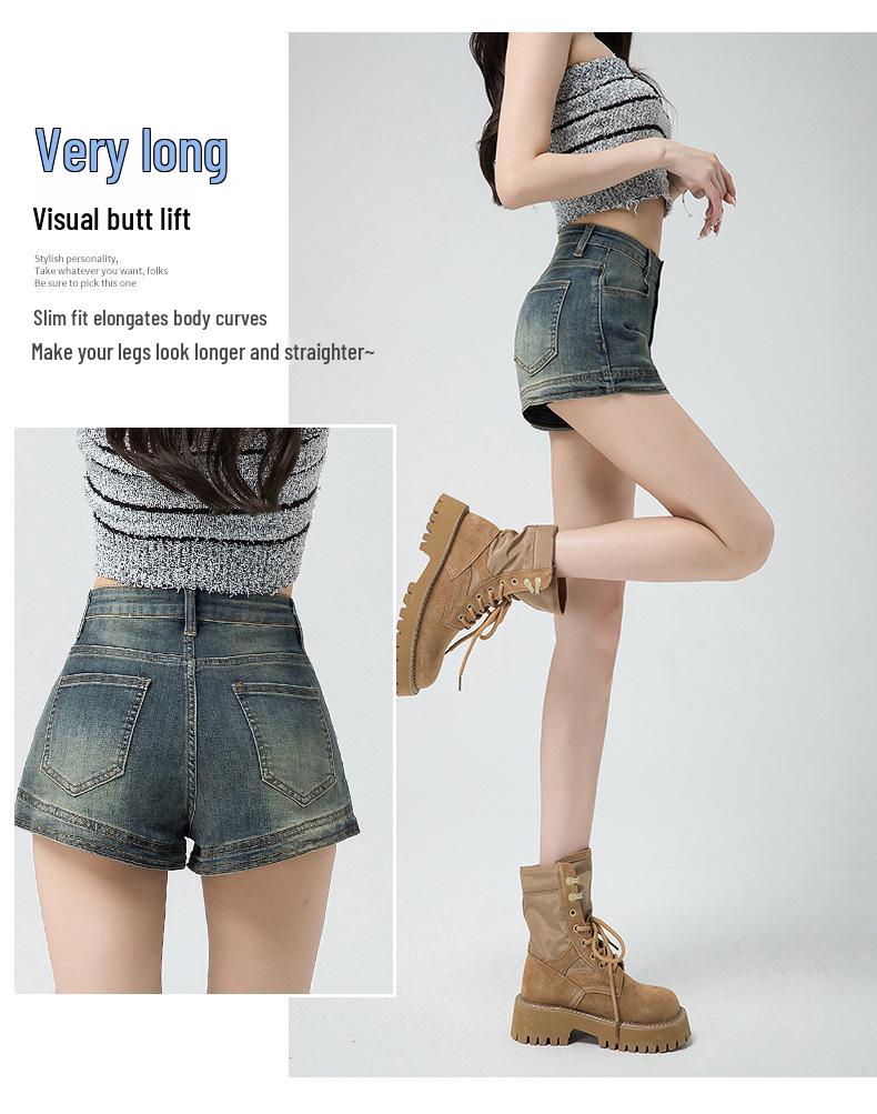 Retro Distressed High-Waist Denim Shorts for Petite Women