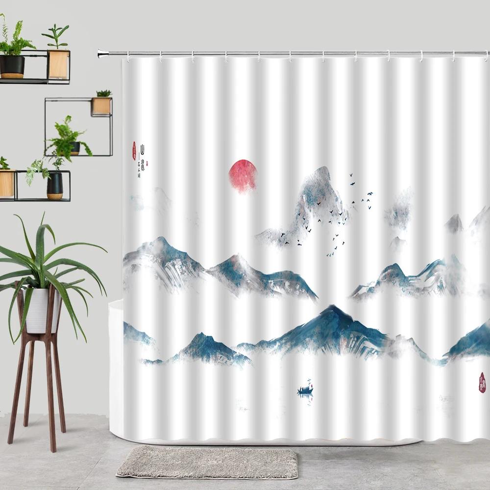 Waterproof Ink Painting Bamboo Leaves Bird Shower Curtains, Mountain Water Plant Landscape, Bathroom Curtain, Home Decor
