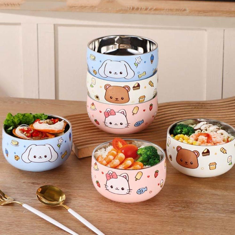 Anti-scalding Stainless Steel Children's Bowl Double Layer Rice Bowl Tableware Ramen Bowl  Soup