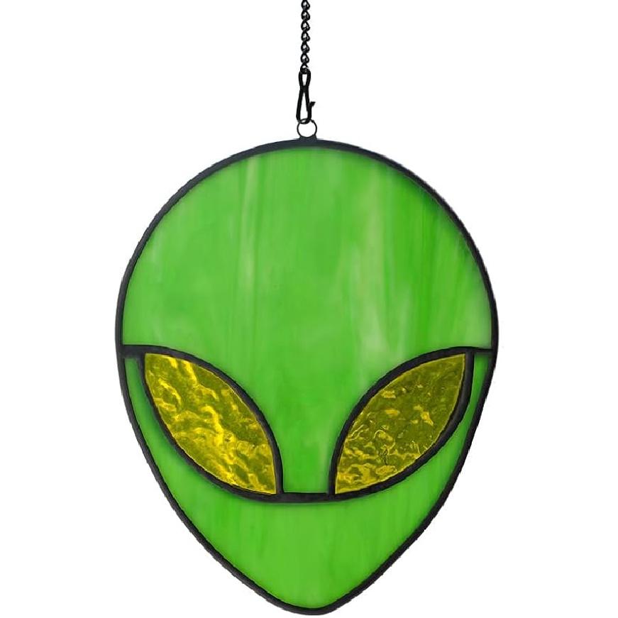 BOXCASA Alien UFO Decor - Stained Glass Window Hanging Suncatcher Showcasing a Cat Abduction Scene, Perfect Alien Lover Gift, Suitable for Alien
