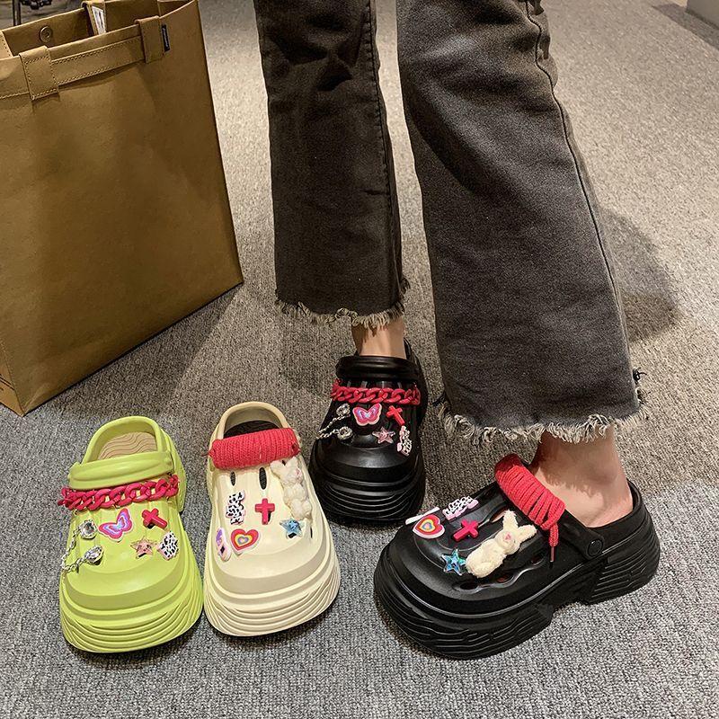 Internet celebrities heighten baotou semi-cool slippers women's summer 2025 new fashion muffin thick-soled hole shoes women's outer wear