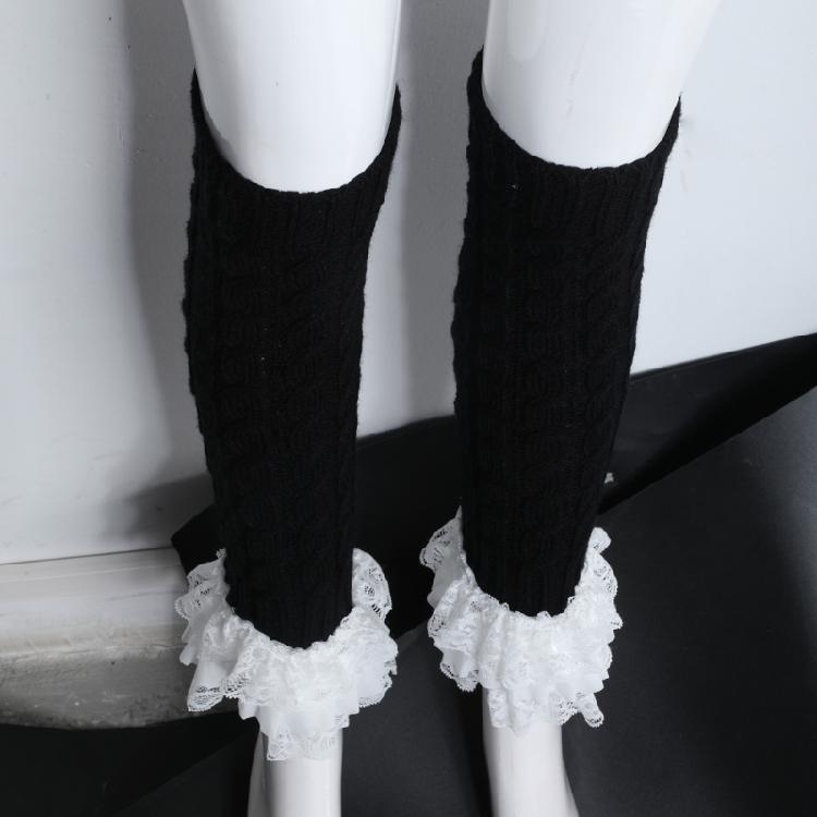 Japanese Women Cable Knitted Leg Warmer Cute Bow Tiered Ruffled Lace Calf Socks