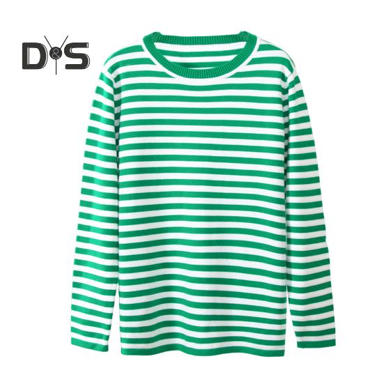 

Женские топы с круглым вырезом и длинным рукавом, полосатый принт, свитер свободного кроя, эластичные ретро-вязаные топы, повседневная одежда S зелёный