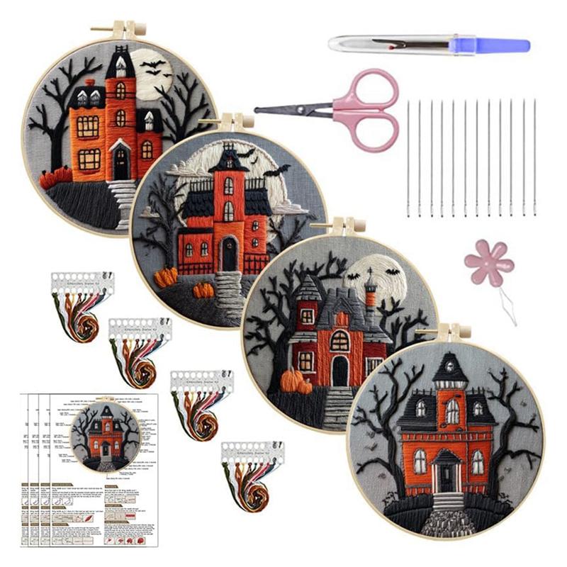 

M-Modern-Halloween Embroidery Kit For Beginners- Fall Pumpkin& Black Tree Bat Cross-Stitch 4-Pack Castle Design