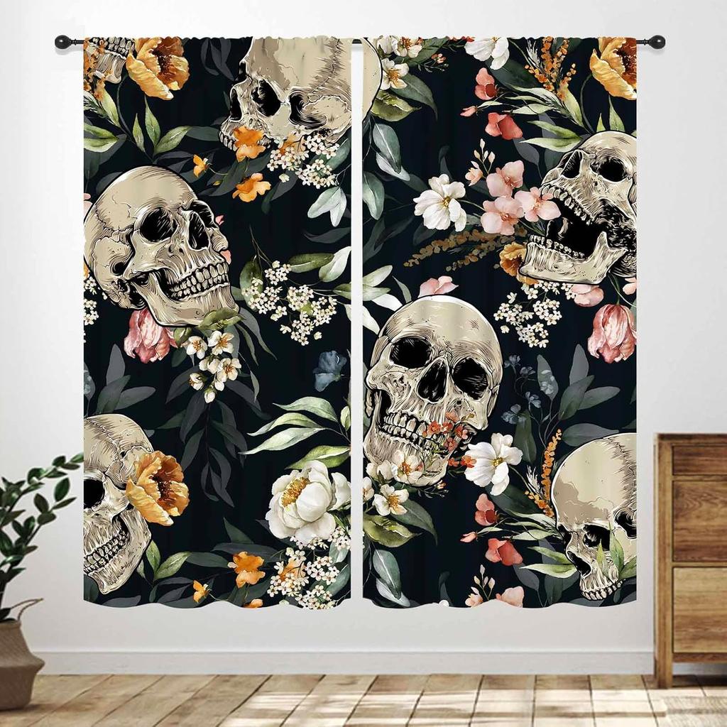 Gothic Skull Window Curtains,Boho Black Red Floral Rose Witchy Mysterious Skull Skeleton Printing Windows Drapes for Bedroom