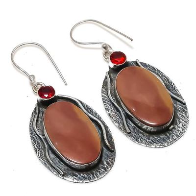 Boucles d'oreilles en argent sterling 925 avec mookaite naturelle et grenat, 5,5 cm e9B68