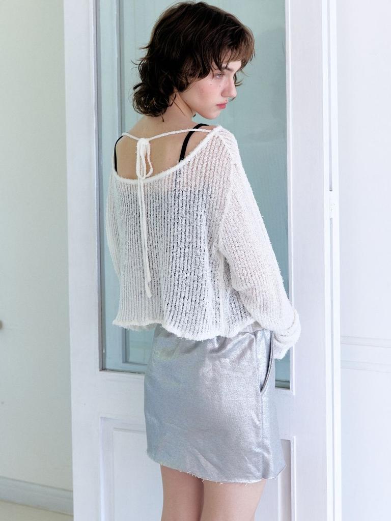FABRICSEOUL Ribbon Cotton Tail Boat Neck Knitwear_White