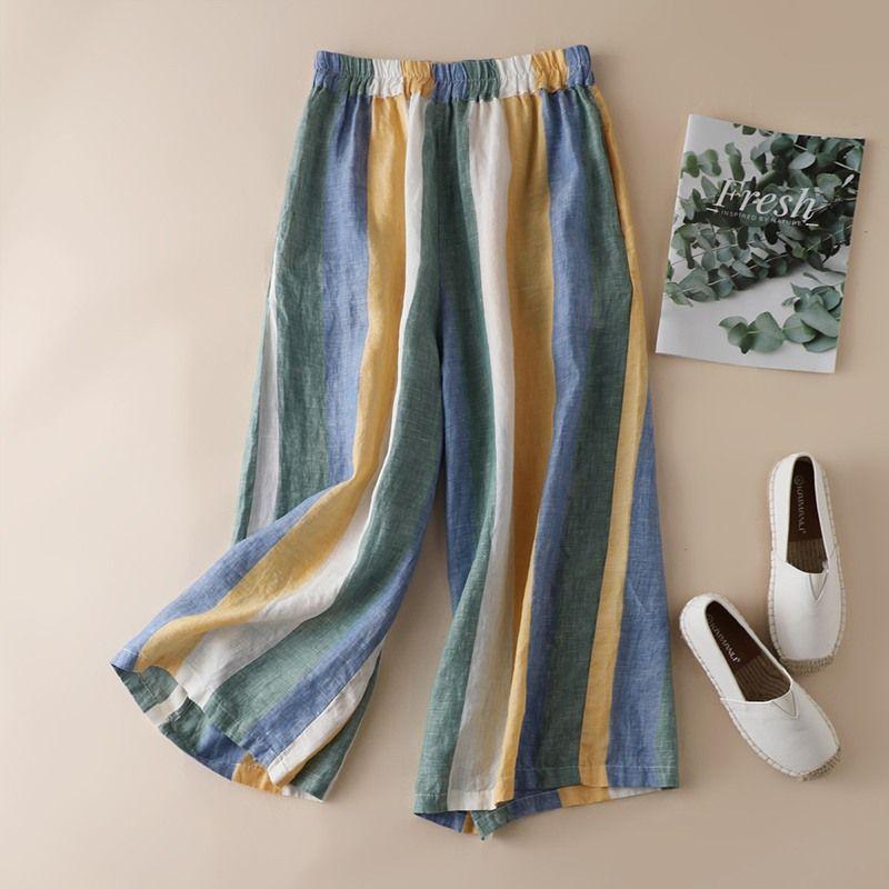 Pants for Women Plus Size Stretchy Elastic High Waist Long Trousers Striped Casual Wide Leg Pants