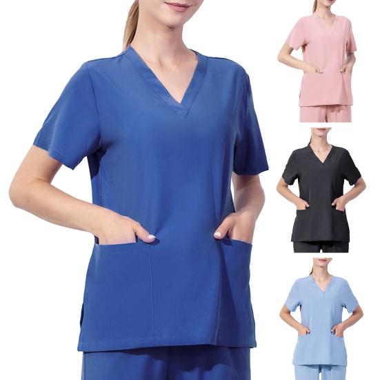 Camisetas de uniforme de quirófano de manga corta con cuello en V, camisetas de trabajo con abertura lateral para Hospital, camisetas de cirugía Dental para enfermera, ropa de trabajo