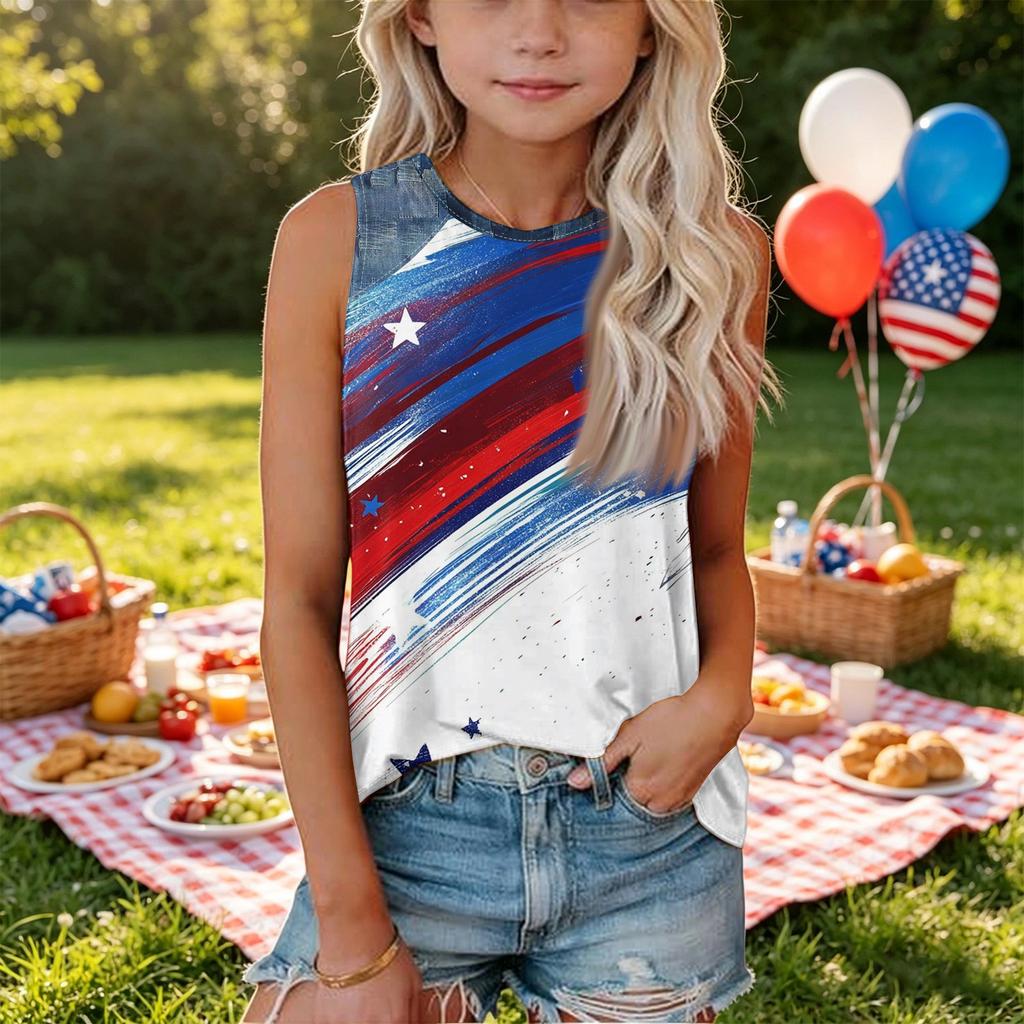Sleeveless Loose Fit Tank Top for Women Round Neck Denim Print Star Pattern Casual Summer Shirt