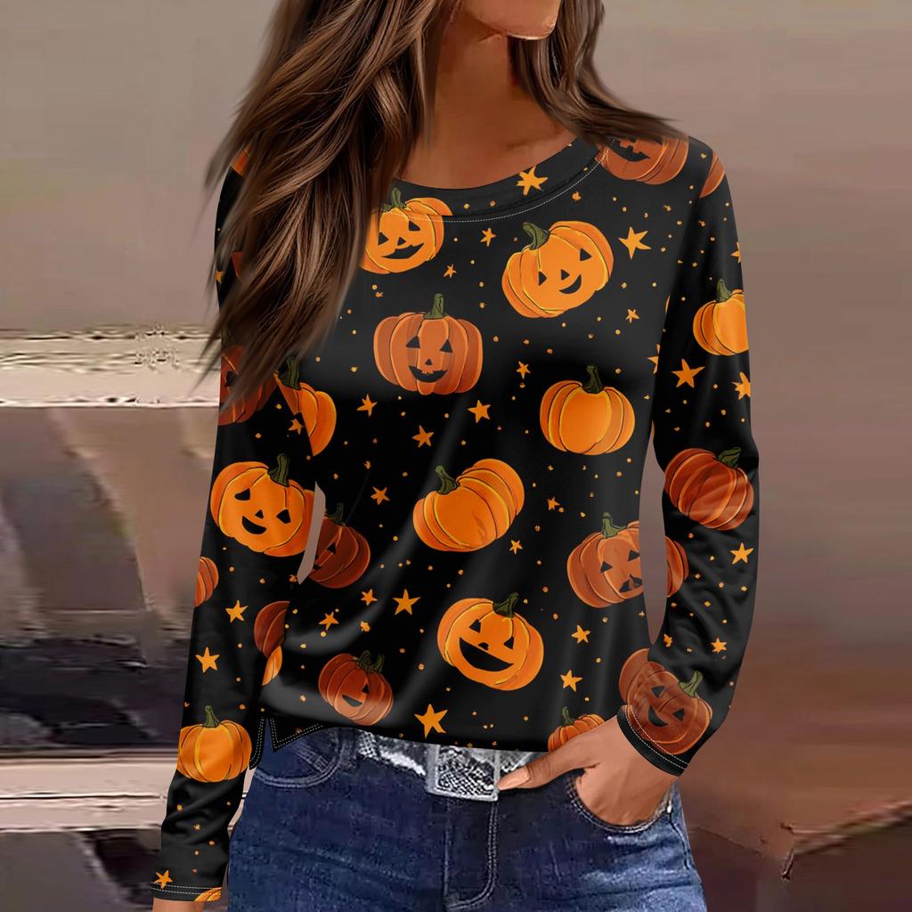 Women's Fashion Hem Slit Casual Halloween Printed Round Neck Long Sleeve Top