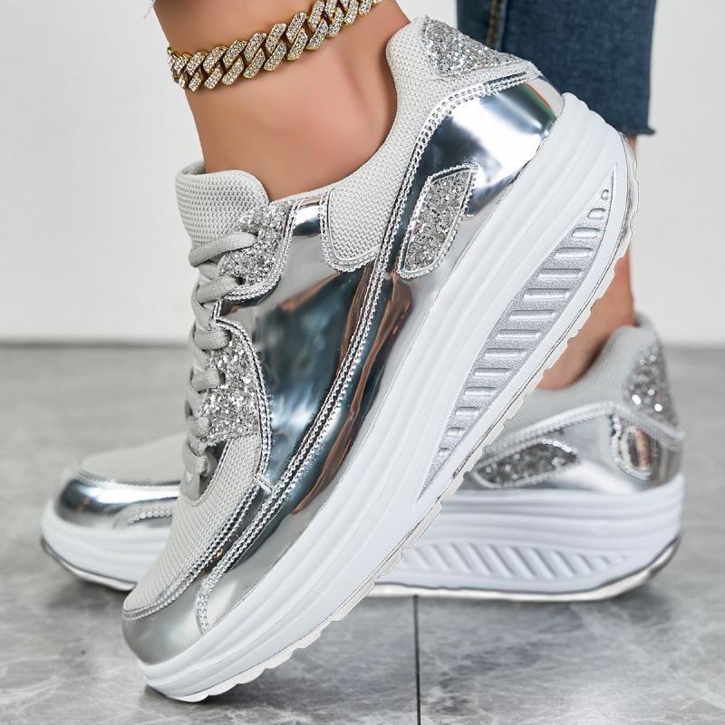 Women's Thick Soled Sports Shoes Breathable Sequins Round Toe Casual Sports Shoes Plus Size Lace Up Shoes