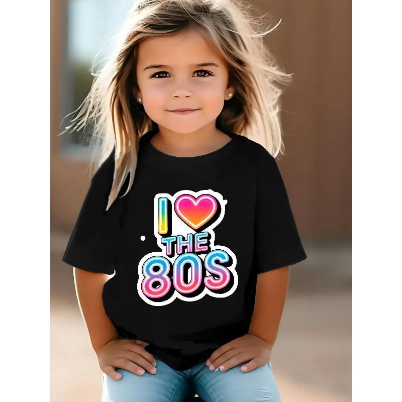 

European size Girls round-neck short-sleeved T-shirt with 80s pattern print 98cm чёрный