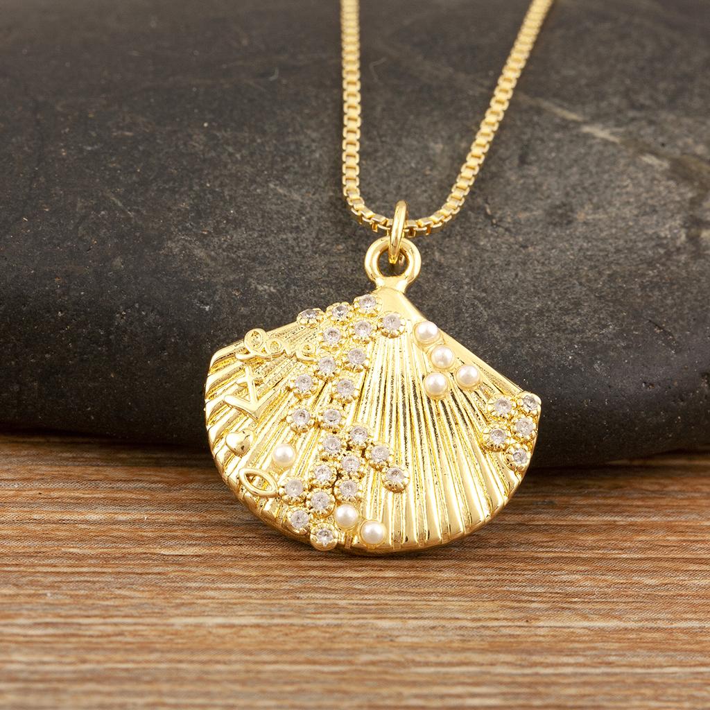 Nidin New Fashion Lucky Shell Shape Inlaid Pearl Crystal Zircon Pendant Necklace For Women Female 4 Styles Choice Jewelry Gifts
