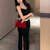 Vintage Sexy Club Prom Red Dresses for Women Spaghetti Strap Slit Velvet Dress Beach Bandage Bodycon Midi Dress Party Elegant