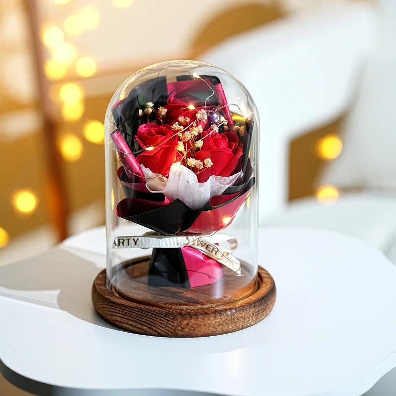 Real Dried Sunflower Bouquet with LED Light Real Eternal Roses Lamp Sunflower Glass Cover Graduation Valentine's Mother's Gift
