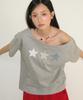 RONRON 3 Star Applique Off Shoulder T Shirt Gray