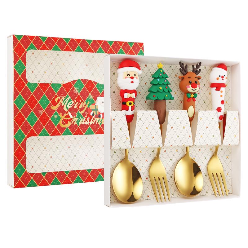 Festive Christmas Cutlery Set: Stainless Steel Cartoon Santa Spoons & Forks In Gift Box