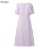 ZANZEA Women Casual V-Neck Solid Color Short Sleeve Midi Dress
