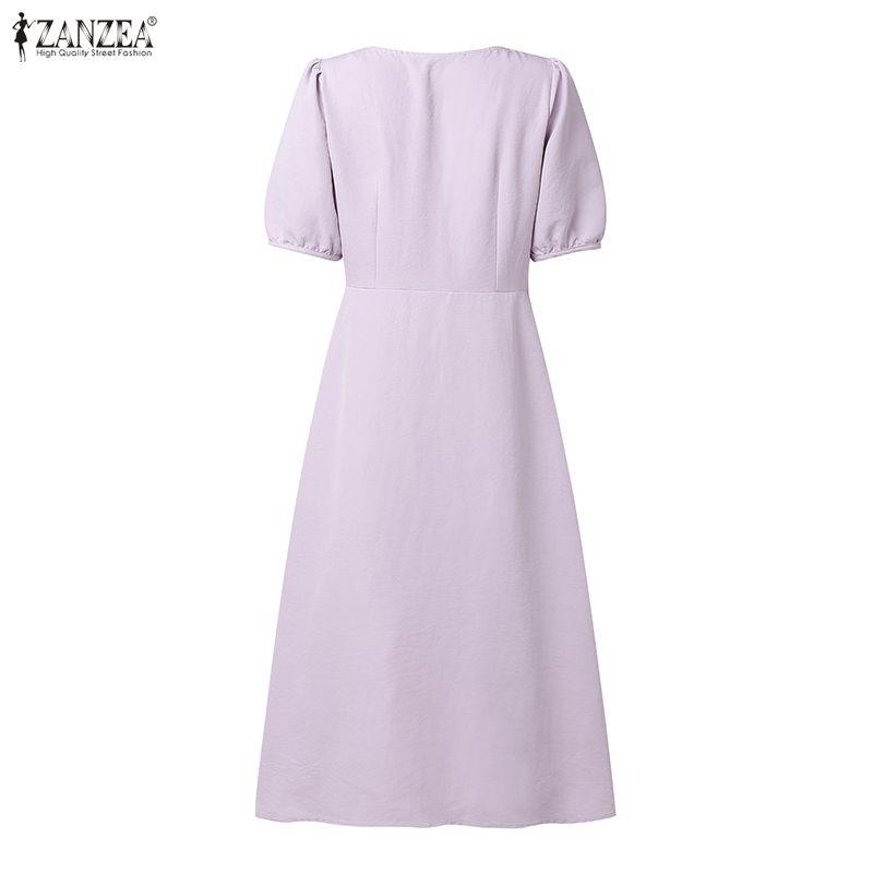 ZANZEA Women Casual V-Neck Solid Color Short Sleeve Midi Dress