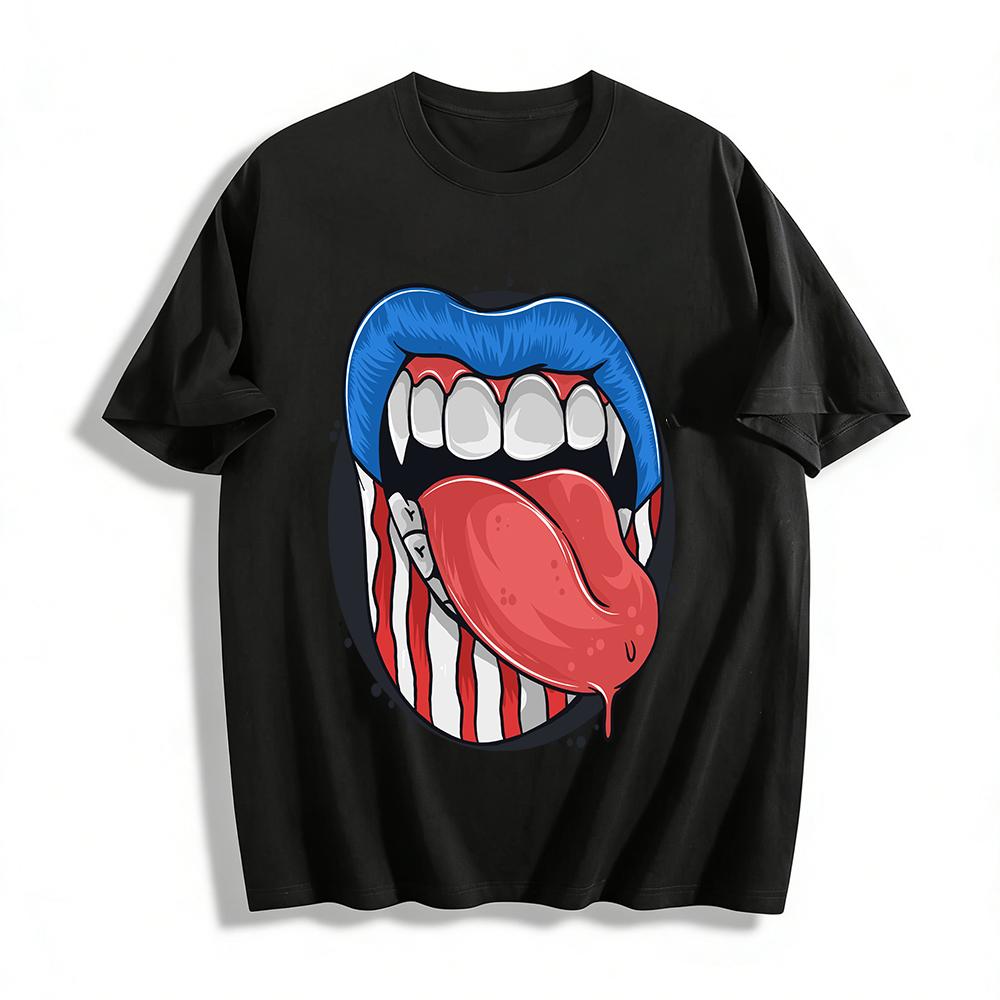 

American Cool Fangs Tongue Print Trendy Street Casual Top Pure cotton T-shirt XXS