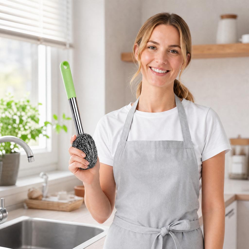 Long Handle Scrub Brush with Stainless Scourer for Bottles and Pots - Non-Shedding, Random Color