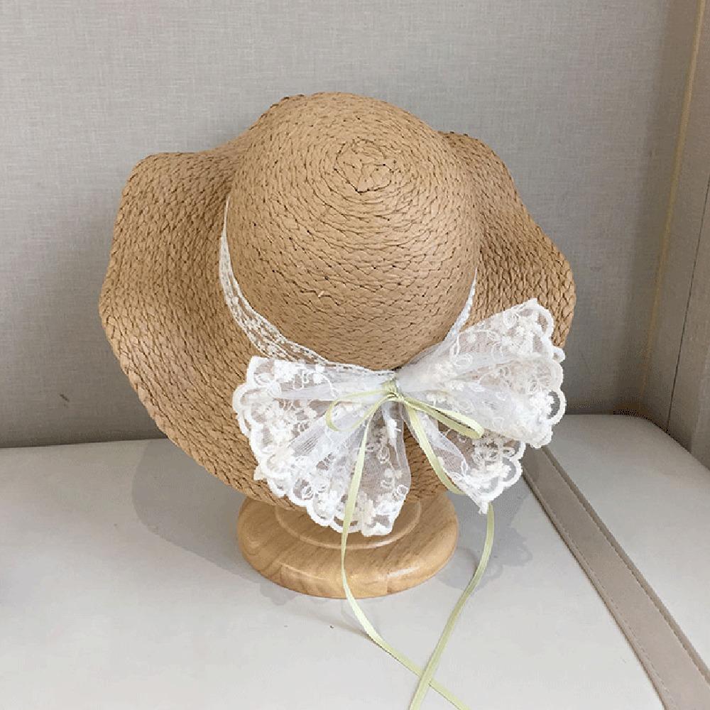 Soft Sweet Bowknot Straw Sun Hat Ribbon Lace Brim Girls Bucket Hat Korean Style Breathable Woven Handbag Girls